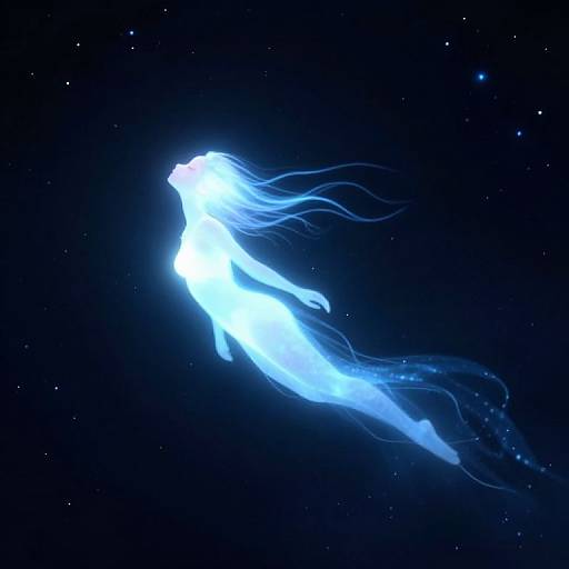 Digital artwork of a glowing, ethereal blue mermaid with flowing hair, floating in a dark, star-filled ocean, radiating light.