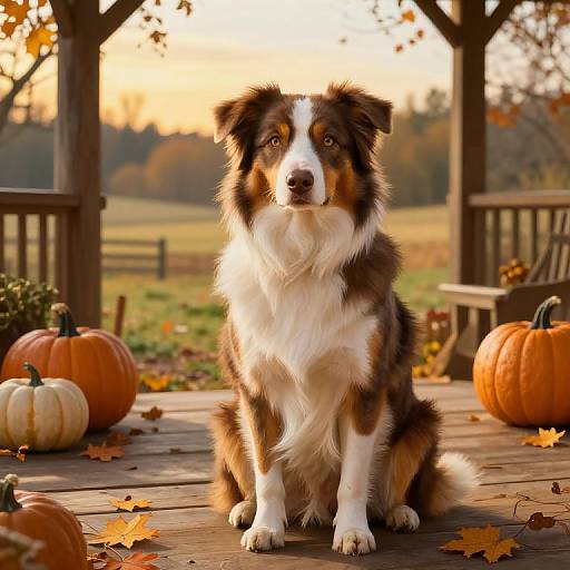 Photograph of a fluffy, tricolor Border Collie sitting on a wooden porch adorned with pumpkins and autumn leaves, with a sunset-lit,