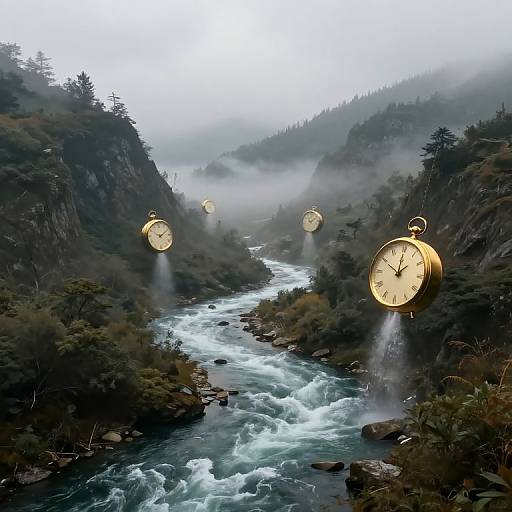 Photorealistic digital artwork of a misty mountain river with five gold pocket watches floating above, each ticking, surrounded by dense evergreen trees and rocky