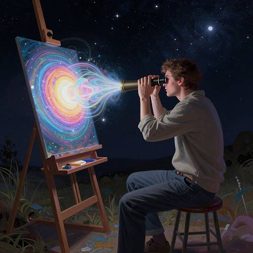 Artist with glasses and white shirt observes vibrant, galaxy-themed painting on easel at night, with telescope-like light emitting from canvas.
