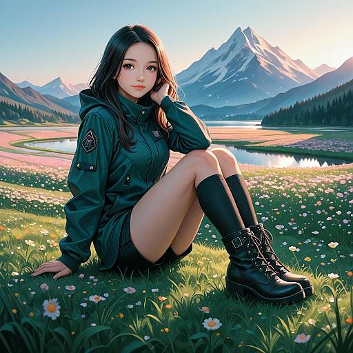 Digital art of a cute Asian woman with long black hair, wearing a green military-style jacket and black boots, sitting in a sunlit meadow with