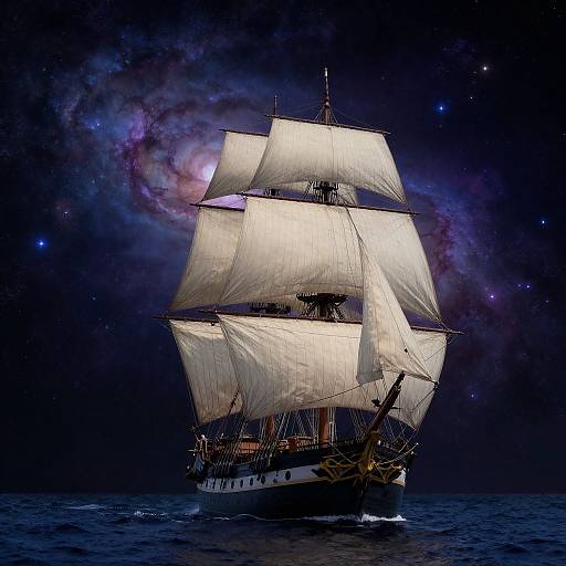 Photograph of a majestic, illuminated sailing ship with billowing white sails, set against a vibrant, starry cosmos background.