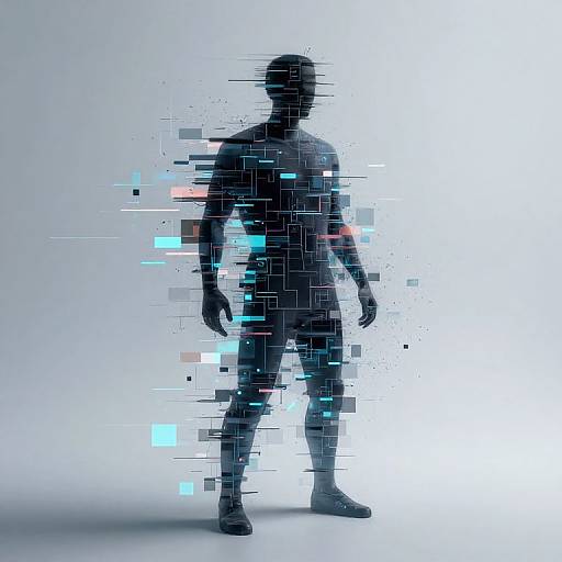 Silhouetted male figure standing against bright white background, partially pixelated with blue and red digital elements. Digital art style.