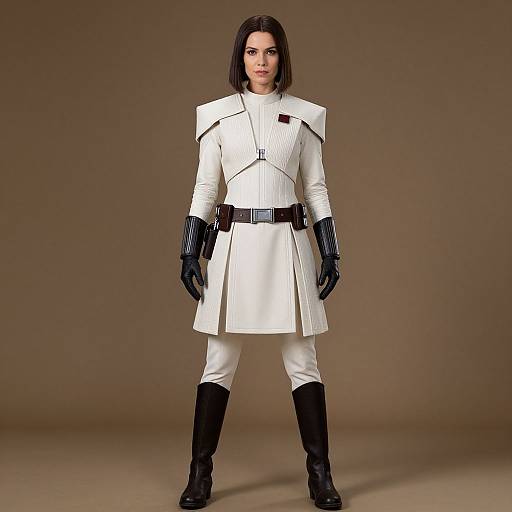 Photograph of a woman in a white, military-style coat with black accents, black gloves, white pants, and black boots, standing against a plain