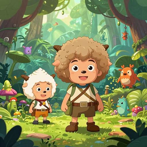 Cartoon-style forest scene with two curly-haired, animal-eared children, one in white and brown outfit, the other in green. Colorful forest