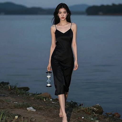 Photograph of an Asian woman with long black hair, wearing a black sleeveless dress and holding a lantern, walking barefoot by a serene blue lake