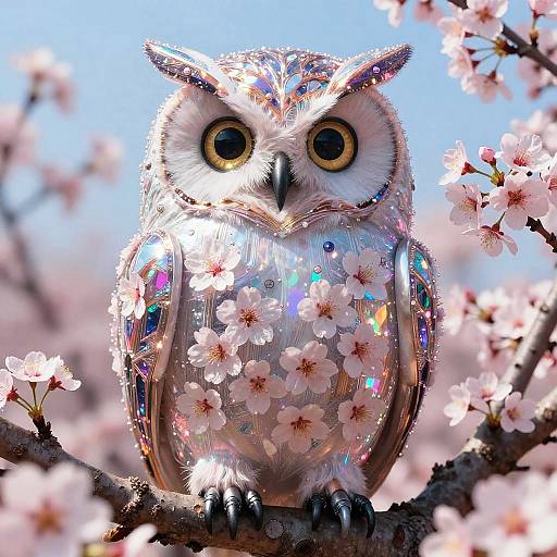 Satirical Magical Electric Cherry Blossom Cyberpunk Owl