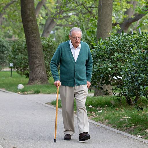 Photograph of elderly man with gray hair, glasses, green cardigan, white shirt, beige pants, black shoes, using cane, walking on park