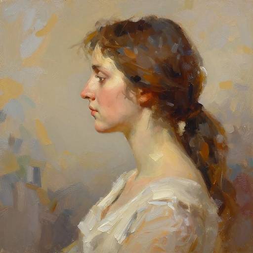 Impressionist-style painting of a young woman in profile with fair skin, brown hair, and a white blouse, against a blurred, multicolored
