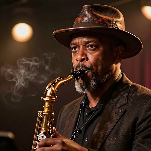 Photograph of an African-American man with a brown hat, black beard, and dark clothes, playing a golden saxophone, with smoke curling upward