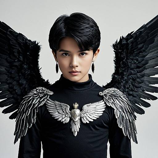 Young Man in Black Angel Costume with Feathered Wings