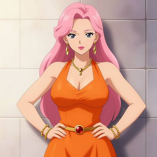 Digital anime-style illustration of a confident woman with long pink hair, blue eyes, wearing an orange dress, gold jewelry, and a red gem belt,