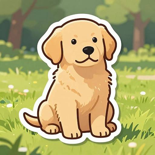 Cute digital cartoon of a golden retriever puppy sitting on green grass, surrounded by blurred forest background. Bright, sunny day.