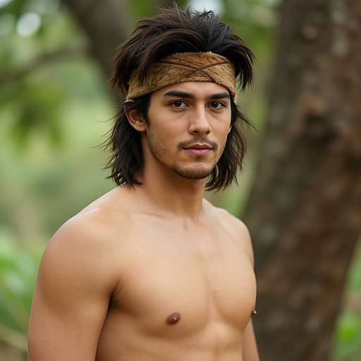 Photograph of a shirtless, young, brown-skinned man with shoulder-length black hair, wearing a brown headband, standing in a forest.