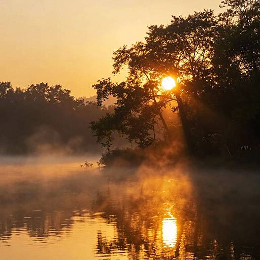Sunrise over a misty lake, with silhouetted trees and a bright orange sun reflected in the calm water. Photograph.