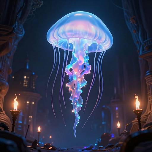 Photograph of a glowing blue and purple jellyfish floating in a dimly lit, ornate, candle-lit room with gothic architecture.