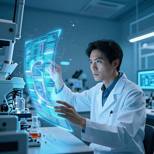 Asian male scientist in white lab coat holding glowing blue holographic data sheets in futuristic lab with microscopes and monitors.