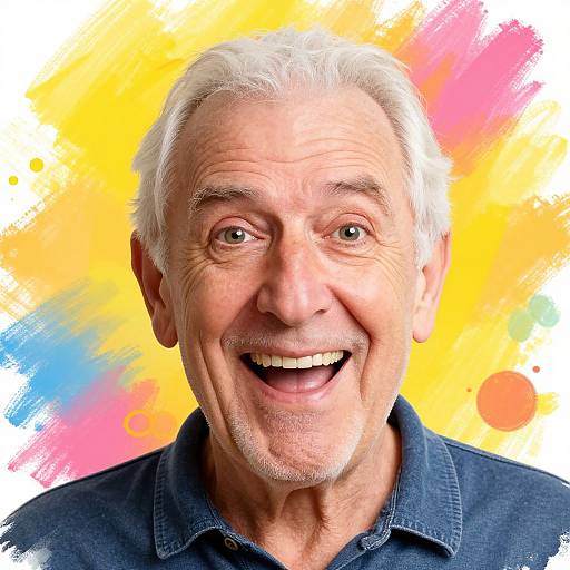 Photograph of a smiling elderly man with white hair, blue denim shirt, against a colorful abstract yellow, pink, and blue background.