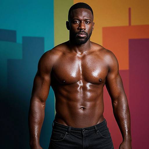 Photograph of a muscular, shirtless Black man with glossy, oiled skin standing against a colorful, geometric background in blue, green, orange,