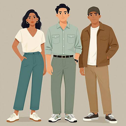 Digital illustration of three diverse individuals standing together. Woman with dark skin, black hair in white shirt and blue jeans. Man with light skin, short black