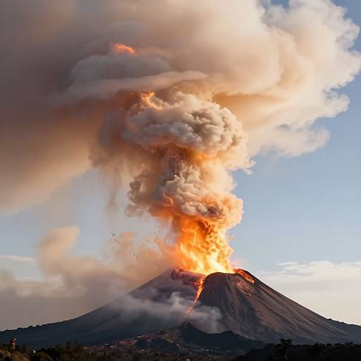 Photograph of an erupting volcano with bright orange flames and thick, billowing smoke rising from its peak against a clear blue sky.