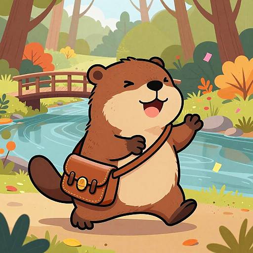 Cartoon brown otter with a cheerful smile, holding a brown shoulder bag, joyfully walking along a sunny forest stream. Digital illustration.