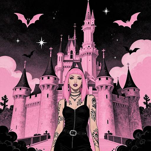Digital illustration of a gothic pink-haired woman with tattoos, in a black dress, standing before a pink castle with bats flying overhead at night.