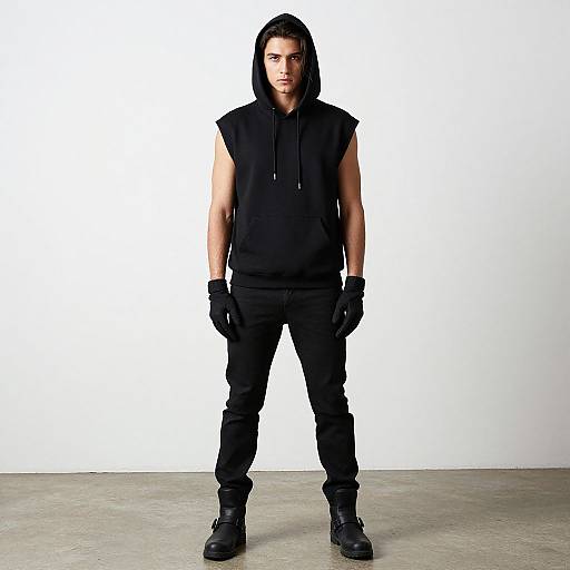Photograph of a man standing against a white background, wearing a black sleeveless hoodie, black pants, gloves, and boots, with his hood up