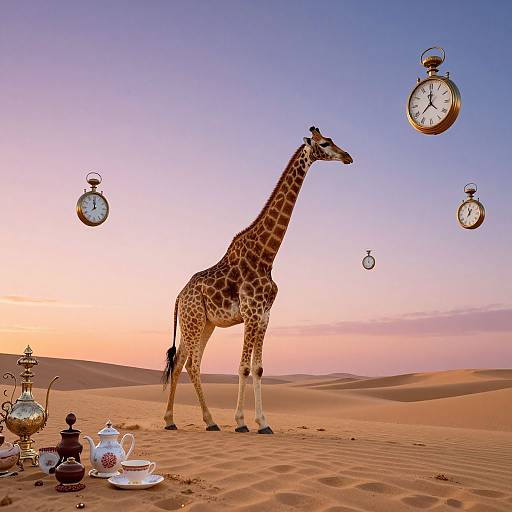 Photograph of a giraffe in a desert at sunset, surrounded by floating vintage clocks, tea set with delicate china on sandy dunes.
