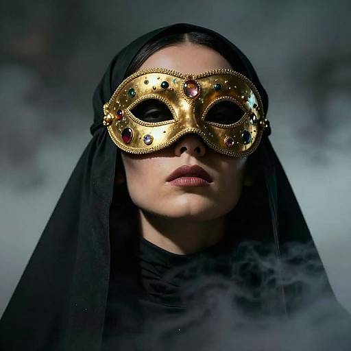 Photograph of a pale-skinned woman with black veil, wearing an ornate gold Venetian mask adorned with jewels, against a smoky gray