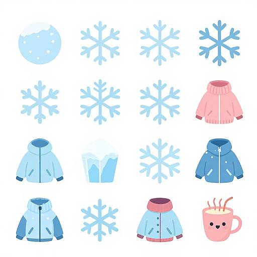 Digital illustration of blue and pink winter jackets, blue and white snowflakes, and a pink mug with antlers on a white background.