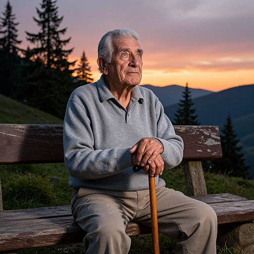 Photograph of an elderly white man with gray hair, wearing a light blue sweater and beige pants, sitting on a wooden bench at sunset, holding a