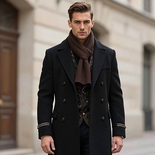 Photograph of a handsome, fair-skinned man with brown hair, wearing a black double-breasted coat, brown scarf, and dark patterned shirt