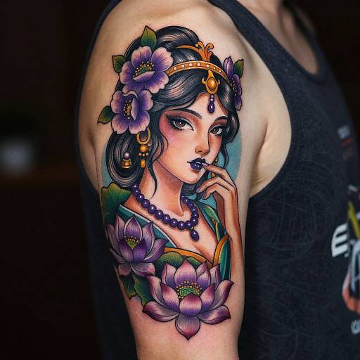 Vibrant tattoo of a beautiful woman with dark hair, purple flowers, and jewelry on a man's bicep, wearing a black tank top