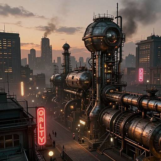 Cyberpunk cityscape at dusk with futuristic industrial machinery, neon signs, and silhouetted skyscrapers; vibrant pink and orange sunset sky