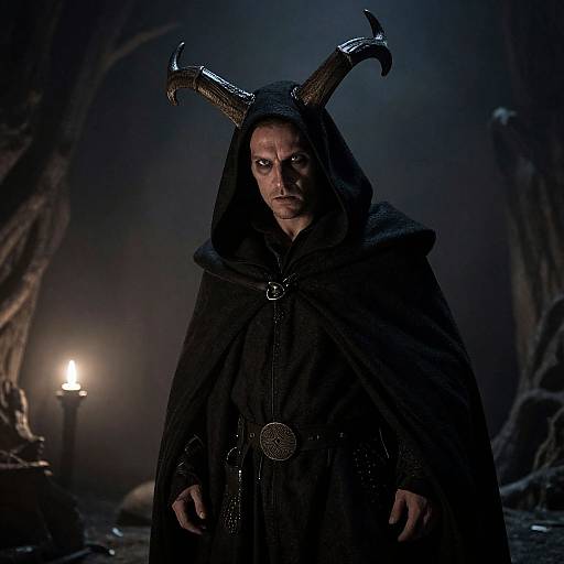 Dark fantasy photograph of a serious man with horned hood, black cloak, and intense gaze, standing in a misty, forested night illuminated by