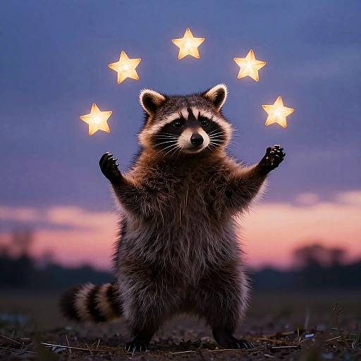 Magical Raccoon Juggling Stars at Twilight