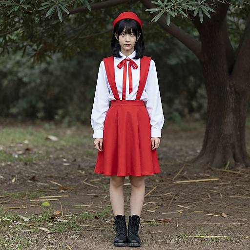Photograph of an Asian girl with straight black hair, red beret, white long-sleeve shirt, red suspenders, and skirt, black