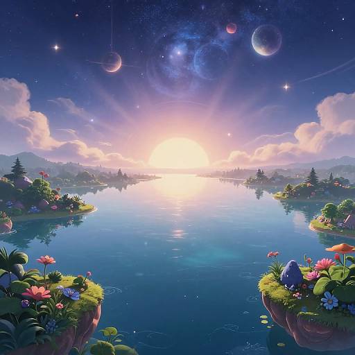 Whimsical digital painting of a serene, starlit lake at sunrise, surrounded by floating flower-covered islands, with planets and galaxies in the sky.