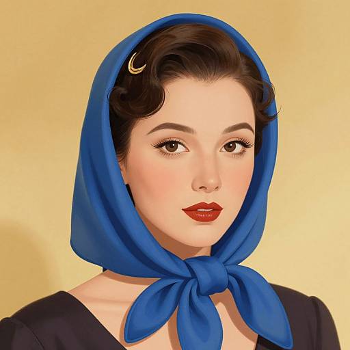 Digital illustration of a fair-skinned woman with red lipstick, dark brown hair, wearing a blue headscarf and black top, against a yellow background