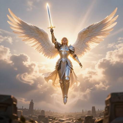 Radiant Warrior Angel Soaring at Dawn