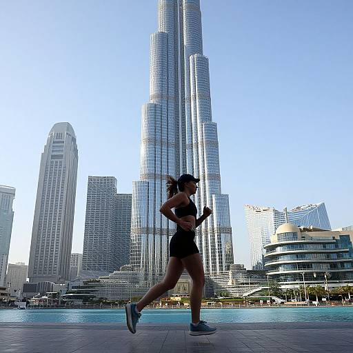 Photograph of a fit woman in black athletic wear jogging past Dubai's Burj Khalifa against a clear blue sky and modern skyscrapers.