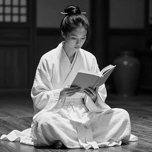 Elegant Black-and-White Portrait of Focused Reading