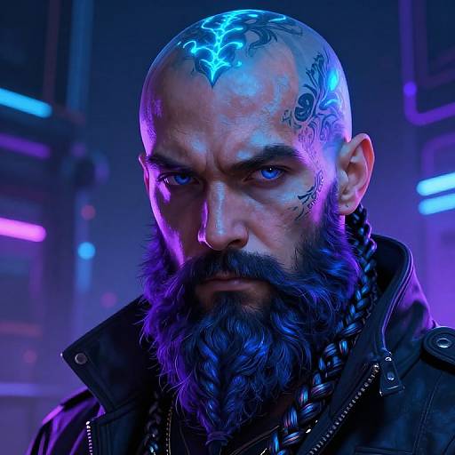 Digital art of a bald, bearded man with blue tribal tattoos, intense blue eyes, and glowing neon background. Wearing a dark leather jacket with