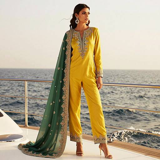 Elegant Green Yellow Embroidered Suit