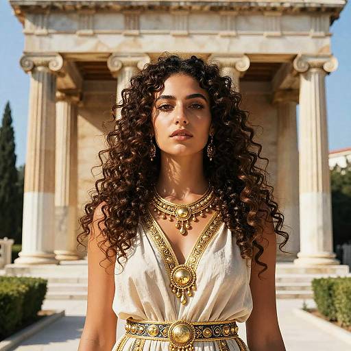 Photograph of a curly-haired woman with olive skin, wearing a white, gold-embellished ancient Greek-style dress, standing in front of a