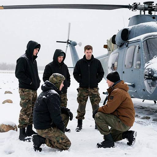 Snowy Scene with Military Helicopter Crew