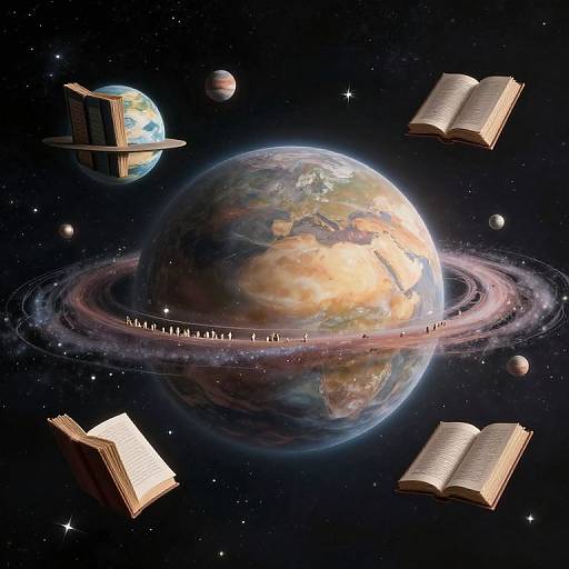 Digital artwork: Floating open books surround a planet with a glowing ring in a starry space, featuring Earth in the background.