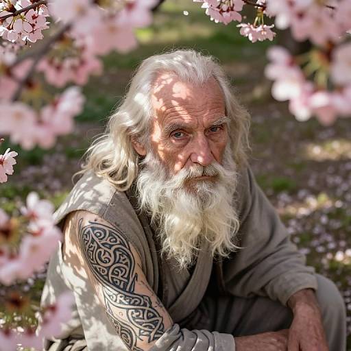 Photograph of an elderly man with long white hair and beard, wearing a gray tunic, sitting among blooming pink cherry blossoms, with intricate