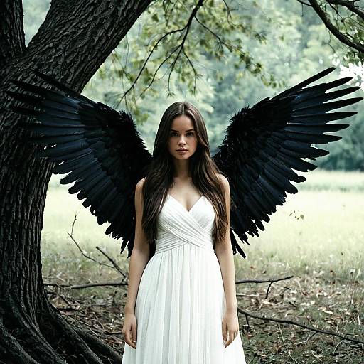 Woman with Black Feathered Wings in White Dress